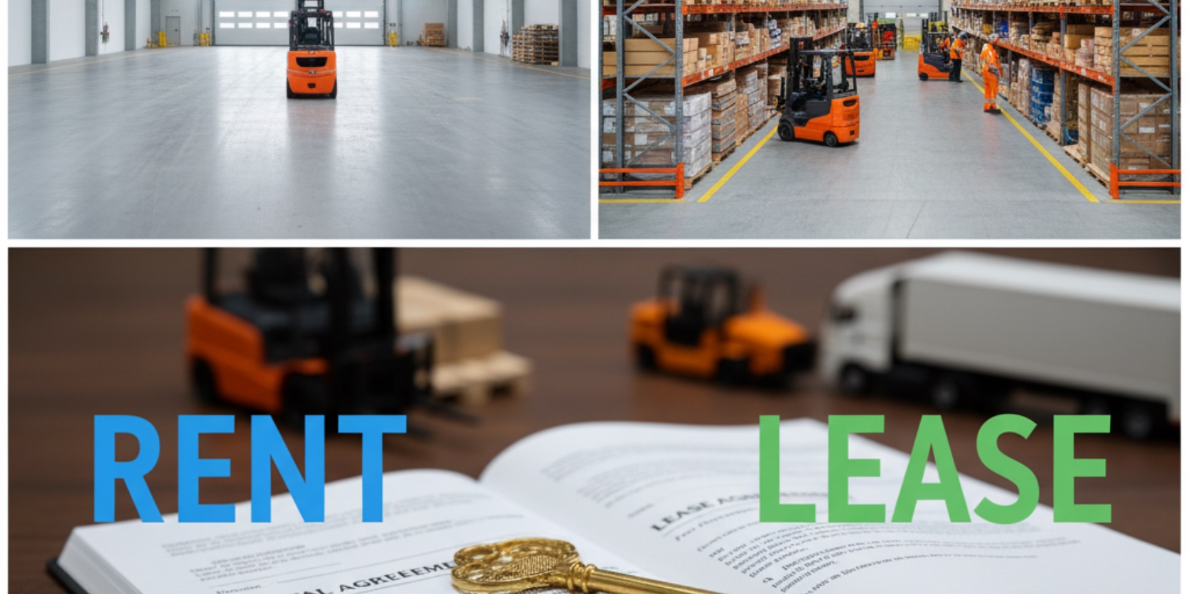 Modern logistics hall with forklift trucks and shelving systems, symbolizing the difference between rent and lease in warehouse logistics.